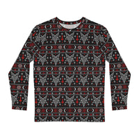 Hail Santa satanic Christmas long sleeve shirt featuring Baphomet, inverted crosses, pentagrams, crescent moons and red and white faux-knit holiday motifs.