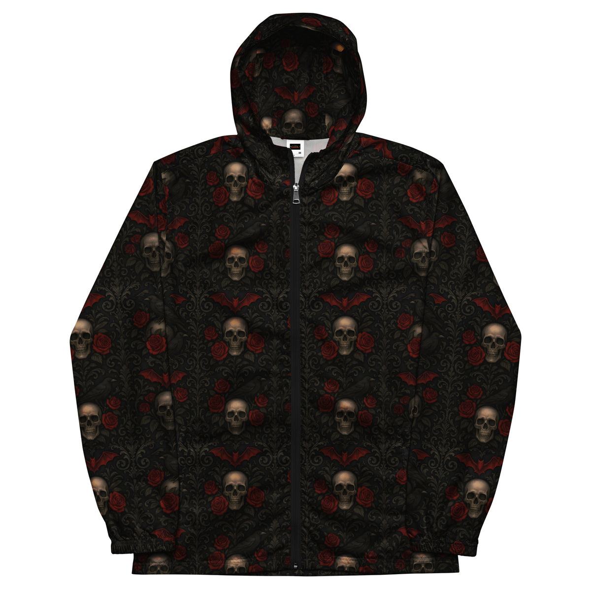 Crimson Mourning hooded windbreaker featuring an all-over dark floral pattern inspired by Victorian mourning traditions, crimson roses, and forgotten cemeteries.