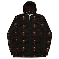 Crimson Mourning hooded windbreaker featuring an all-over dark floral pattern inspired by Victorian mourning traditions, crimson roses, and forgotten cemeteries.