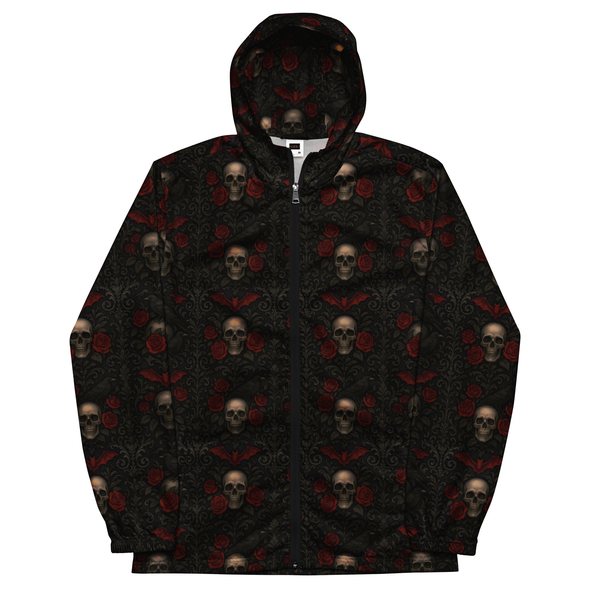 Crimson Mourning hooded windbreaker featuring an all-over dark floral pattern inspired by Victorian mourning traditions, crimson roses, and forgotten cemeteries.