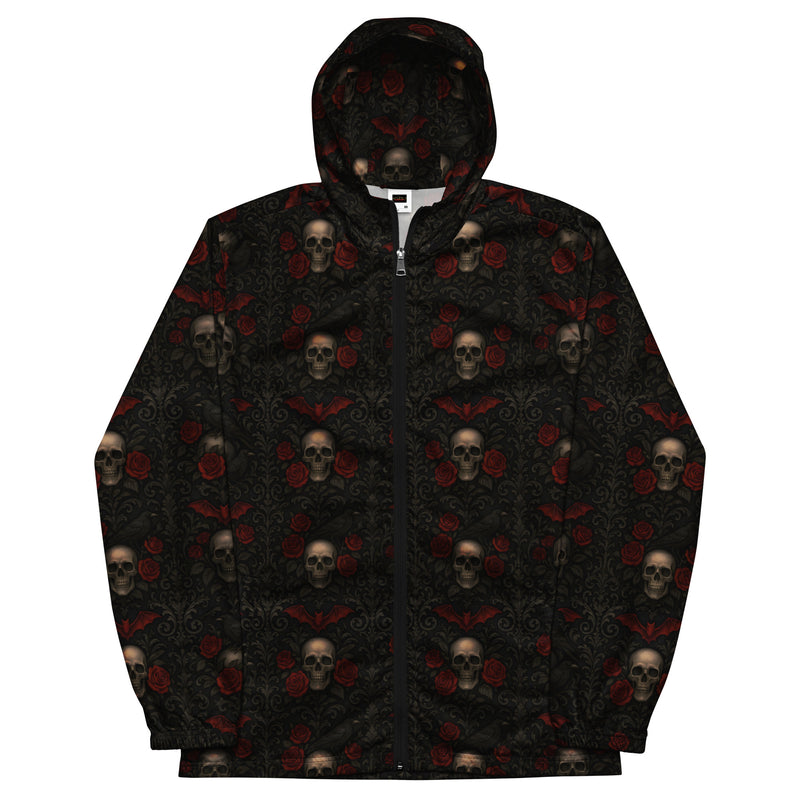 Crimson Mourning hooded windbreaker featuring an all-over dark floral pattern inspired by Victorian mourning traditions, crimson roses, and forgotten cemeteries.