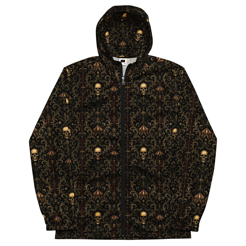 Midway of Death hooded windbreaker featuring an all-over haunted carnival pattern inspired by abandoned fairs, vintage sideshows, and classic horror.