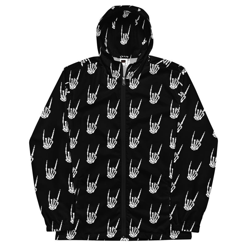 Raise the Devil hooded windbreaker featuring an all-over skeleton hand pattern inspired by memento mori symbolism and classic horror.