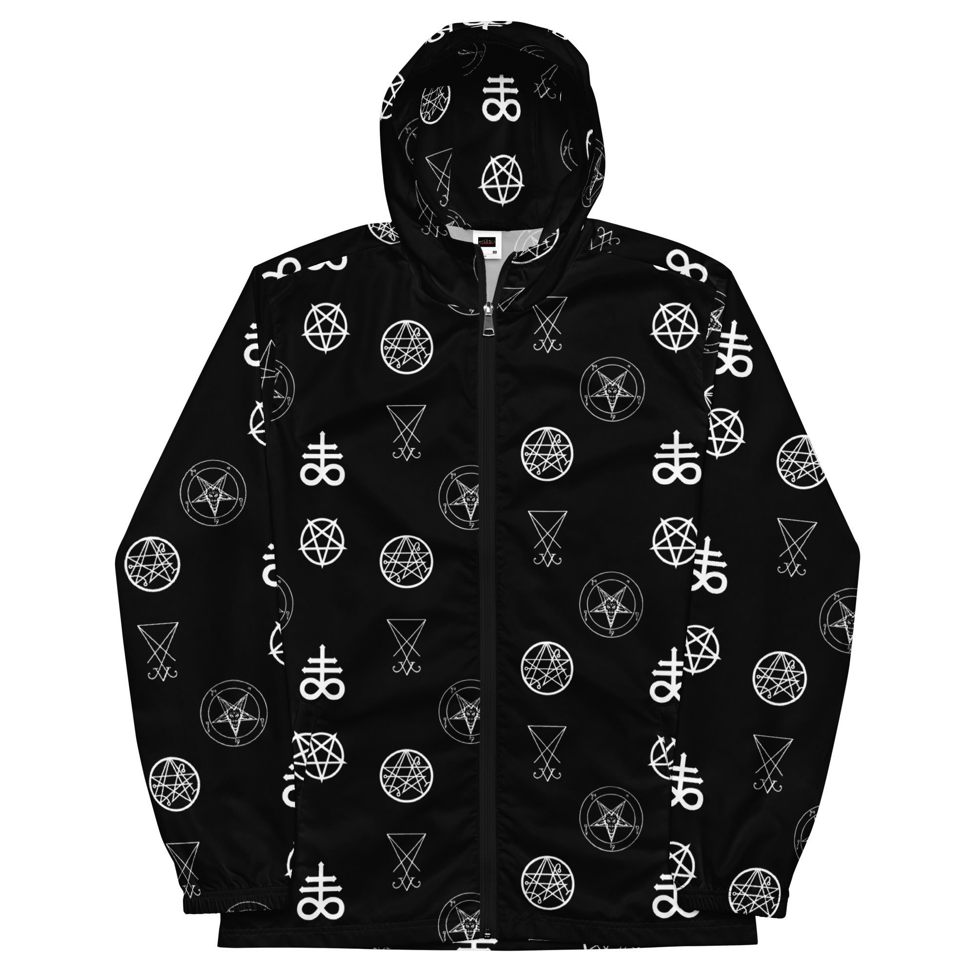Infernal Sigils hooded windbreaker featuring an all-over occult symbol pattern inspired by ceremonial magic, ancient grimoires, and demonology.