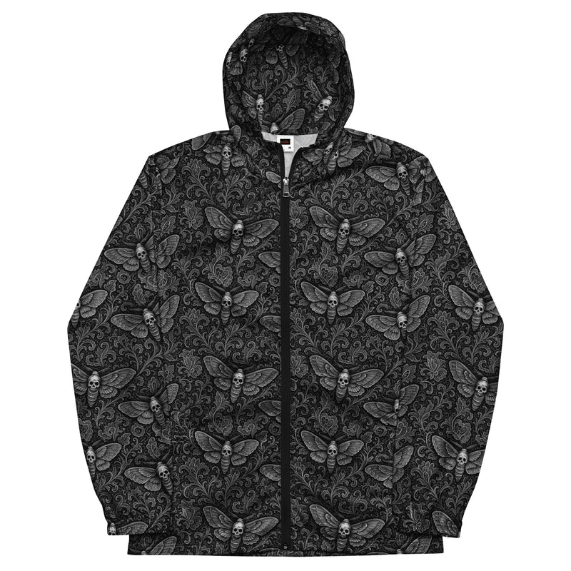 White Soul's Messenger hooded windbreaker featuring an all-over death moth pattern inspired by memento mori symbolism and classic horror.