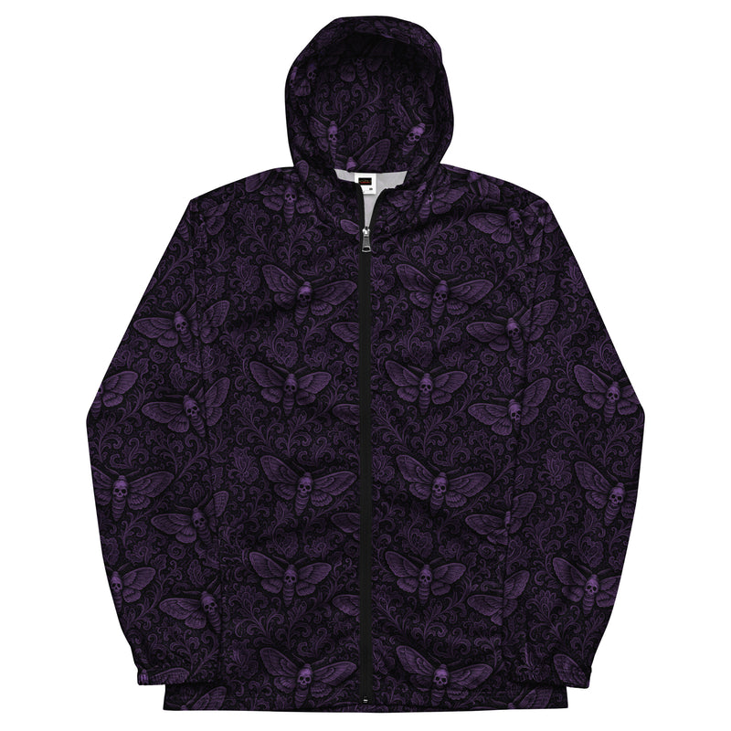 Purple Soul's Messenger hooded windbreaker featuring an all-over death moth pattern inspired by memento mori symbolism and classic horror.