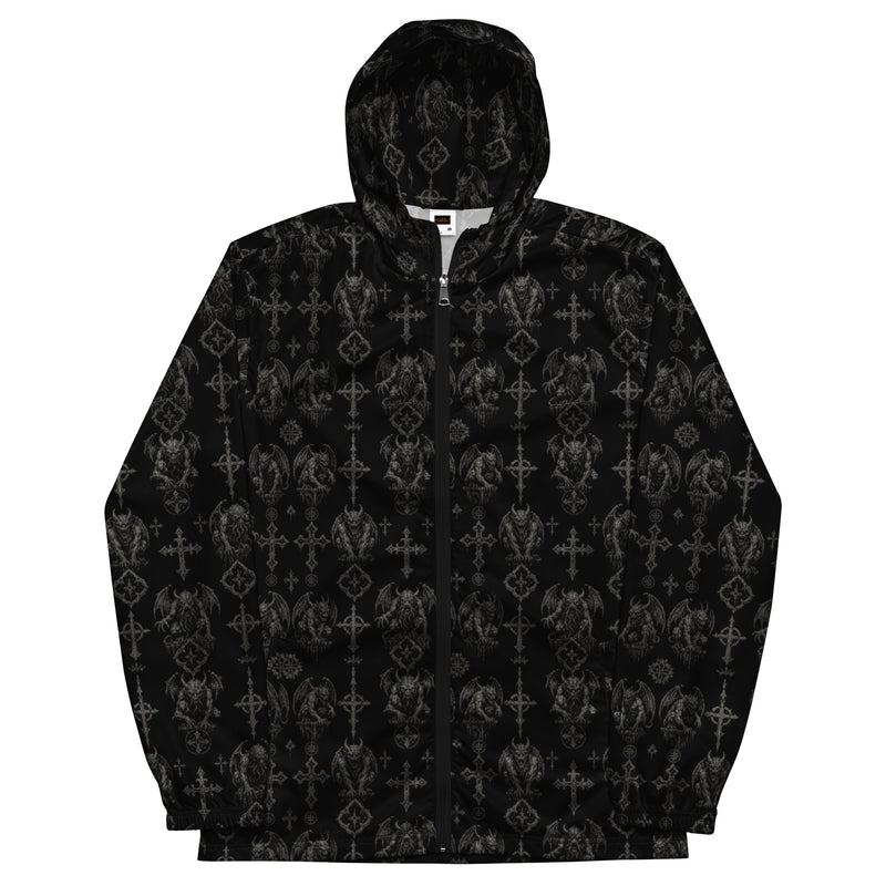 Wardens of Stone hooded windbreaker featuring an all-over gargoyle pattern inspired by medieval cathedrals, folklore, and classic horror.