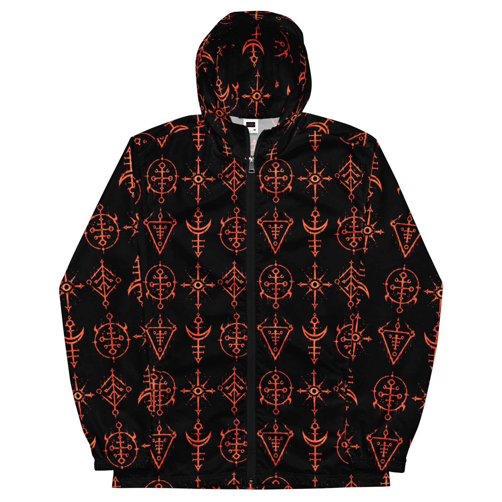 Infernal Invocation hooded windbreaker featuring an all-over occult ritual pattern inspired by ceremonial magic, forbidden grimoires, and supernatural horror.