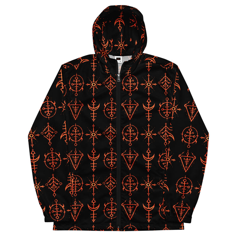 Infernal Invocation hooded windbreaker featuring an all-over occult ritual pattern inspired by ceremonial magic, forbidden grimoires, and supernatural horror.