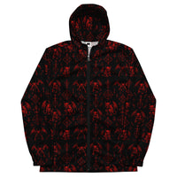 Red Fifth Circle hooded windbreaker featuring an all-over infernal demon pattern inspired by occult folklore and classic horror.