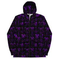 Purple Fifth Circle hooded windbreaker featuring an all-over infernal demon pattern inspired by occult folklore and classic horror.