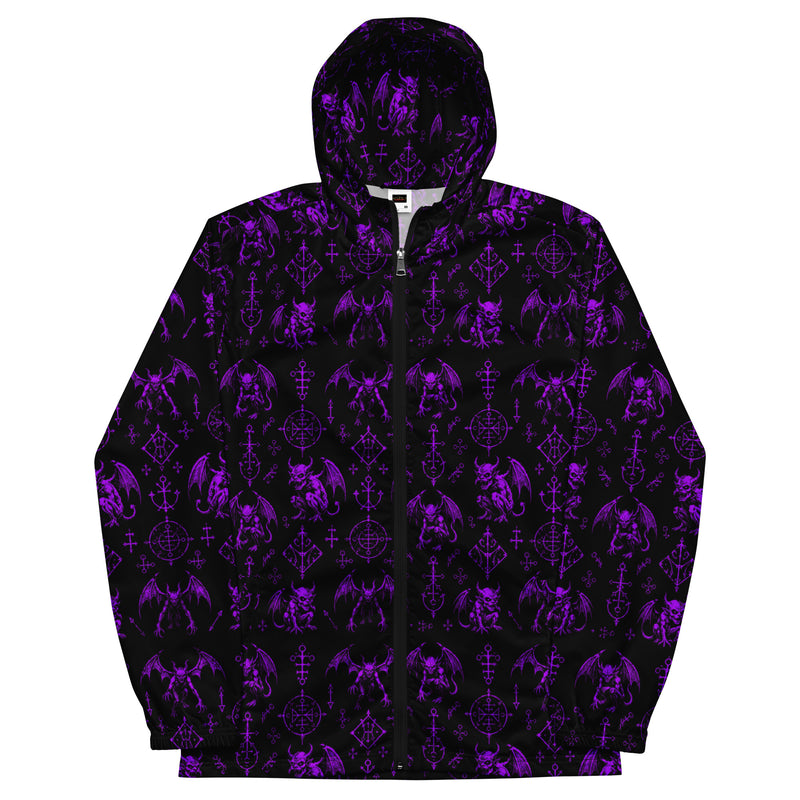 Purple Fifth Circle hooded windbreaker featuring an all-over infernal demon pattern inspired by occult folklore and classic horror.