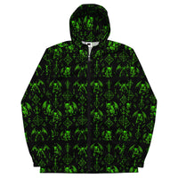 Green Fifth Circle hooded windbreaker featuring an all-over infernal demon pattern inspired by occult folklore and classic horror.