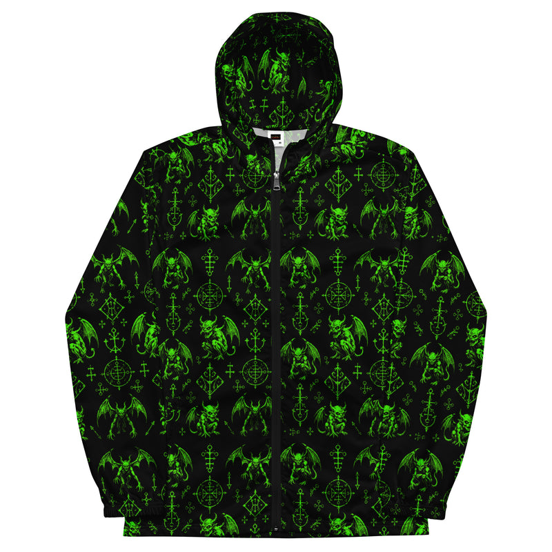 Green Fifth Circle hooded windbreaker featuring an all-over infernal demon pattern inspired by occult folklore and classic horror.