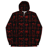 Red Sixth Circle hooded windbreaker featuring an all-over infernal demon pattern inspired by occult mythology and supernatural horror.