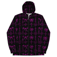 Pink Sixth Circle hooded windbreaker featuring an all-over infernal demon pattern inspired by occult mythology and supernatural horror.