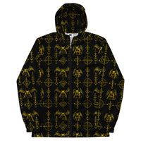 Yellow Sixth Circle hooded windbreaker featuring an all-over infernal demon pattern inspired by occult mythology and supernatural horror.