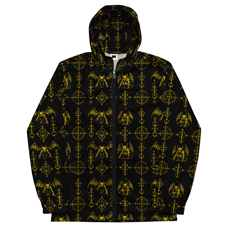 Yellow Sixth Circle hooded windbreaker featuring an all-over infernal demon pattern inspired by occult mythology and supernatural horror.