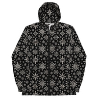 Dead of Winter gothic Christmas windbreaker featuring black and ivory faux-knit snowflakes in a dark ugly sweater-inspired all-over pattern.