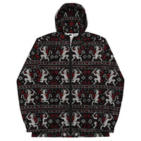 Krampusnacht horror Christmas windbreaker featuring white Krampus figures, red snowflakes and a black faux-knit ugly sweater-inspired pattern.