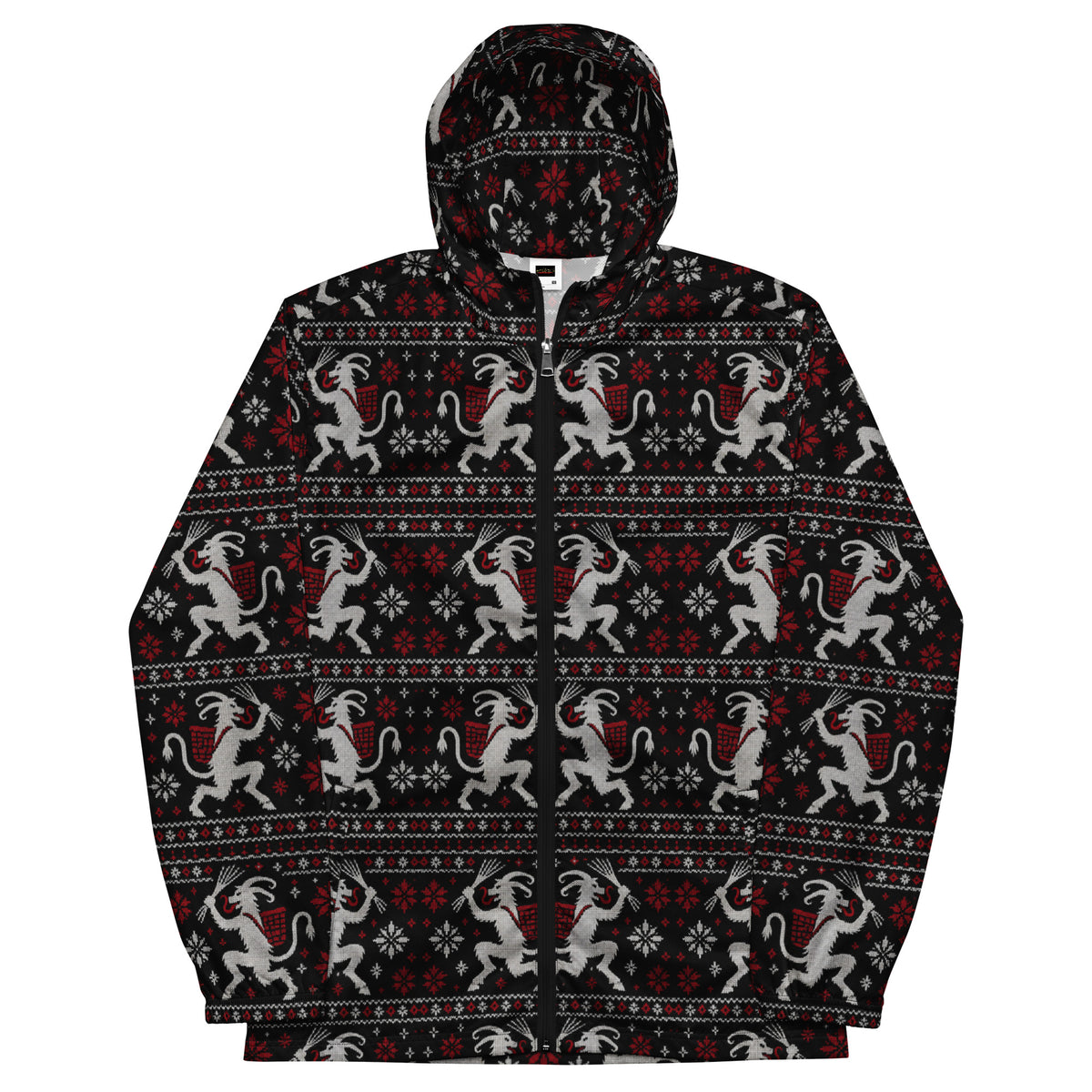 Krampusnacht horror Christmas windbreaker featuring white Krampus figures, red snowflakes and a black faux-knit ugly sweater-inspired pattern.