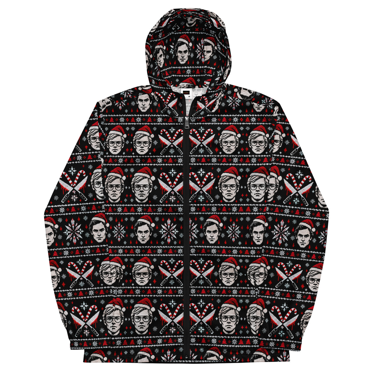 Slay Bells serial killer horror Christmas windbreaker featuring sinister portrait motifs, crossed knives, candy canes, snowflakes and red faux-knit holiday details.