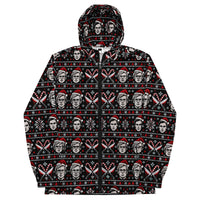 Slay Bells serial killer horror Christmas windbreaker featuring sinister portrait motifs, crossed knives, candy canes, snowflakes and red faux-knit holiday details.