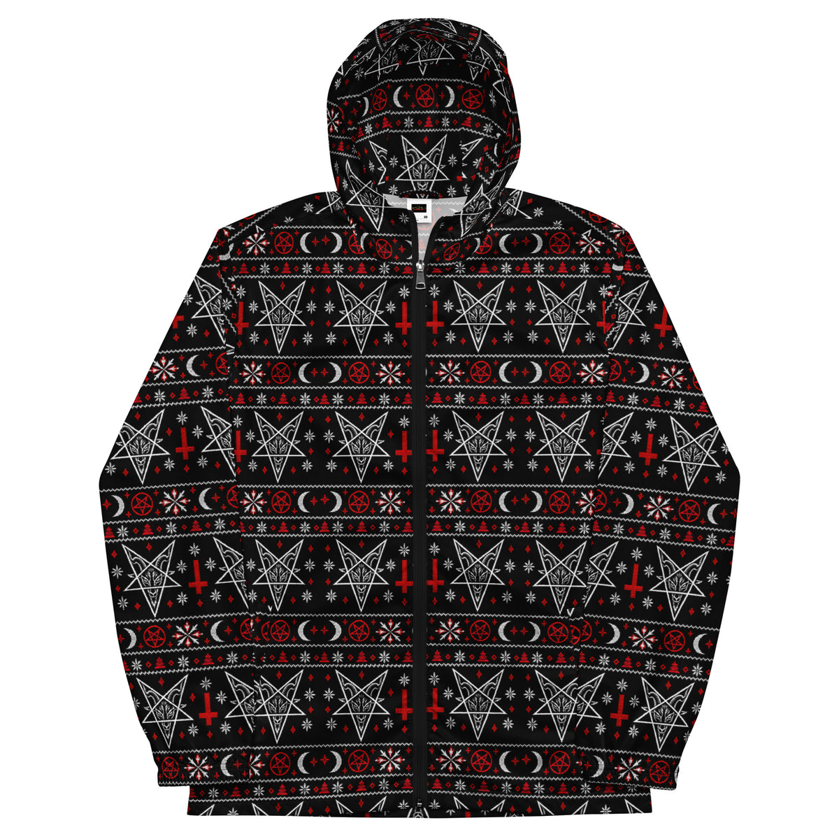 Hail Santa satanic Christmas windbreaker featuring Baphomet, inverted crosses, pentagrams, crescent moons and red and white faux-knit holiday motifs.
