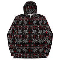 Hail Santa satanic Christmas windbreaker featuring Baphomet, inverted crosses, pentagrams, crescent moons and red and white faux-knit holiday motifs.