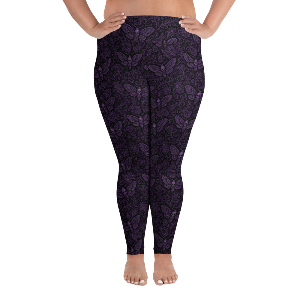 Soul’s Messenger Purple plus size leggings featuring an all-over death moth horror pattern from the Memento Mori collection.