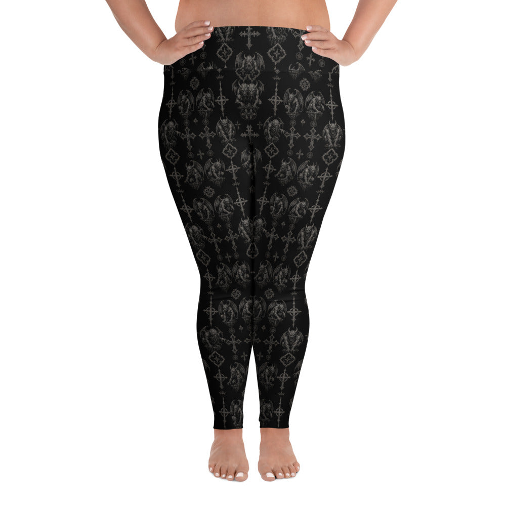 Wardens of Stone plus size leggings featuring an all-over gothic gargoyle horror pattern from the Demonology and Children of the Night collections.