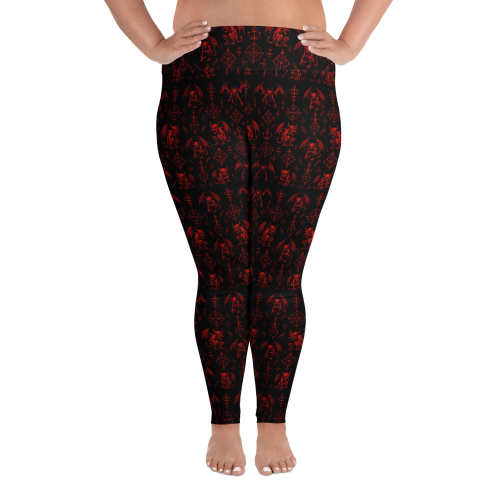 The Fifth Circle Red plus size leggings featuring an all-over demon horror pattern from the Demonology collection.