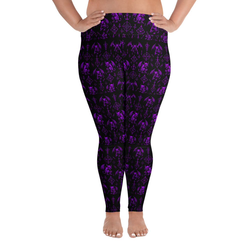 The Fifth Circle Purple plus size leggings featuring an all-over demon horror pattern from the Demonology collection.