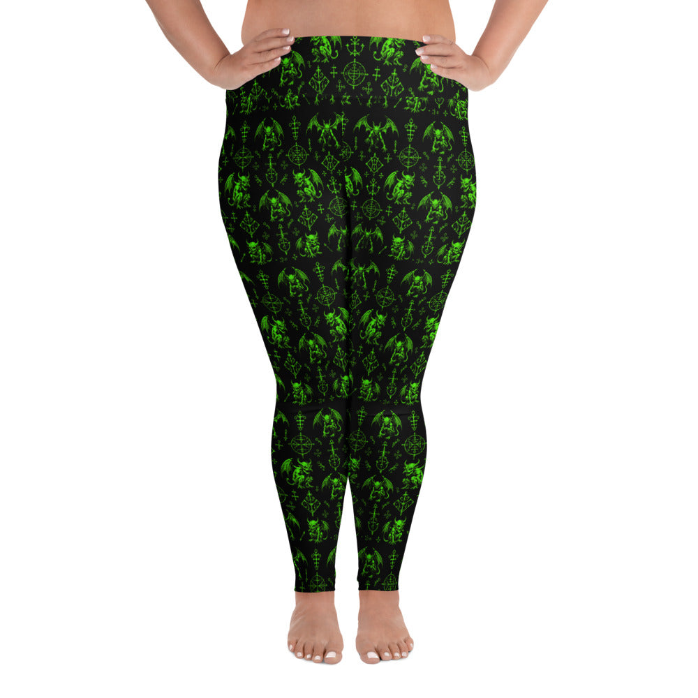 The Fifth Circle Green plus size leggings featuring an all-over demon horror pattern from the Demonology collection.