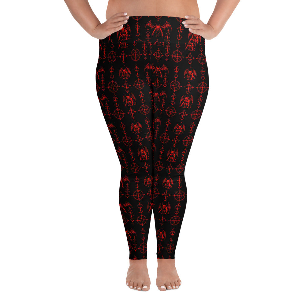 The Sixth Circle Red plus size leggings featuring an all-over demon and hellfire horror pattern from the Demonology collection.