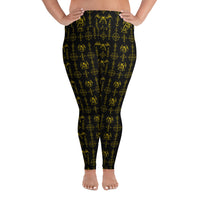 The Sixth Circle Yellow plus size leggings featuring an all-over demon and hellfire horror pattern from the Demonology collection.