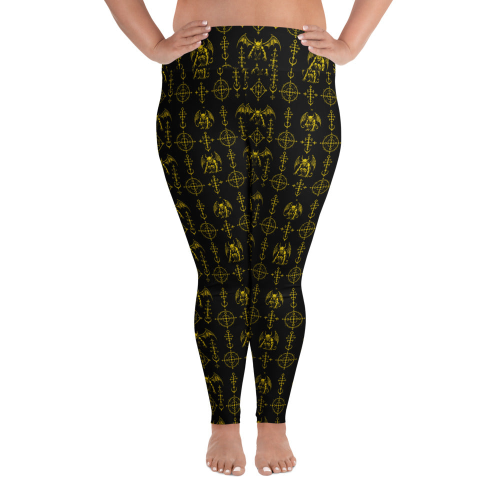 The Sixth Circle Yellow plus size leggings featuring an all-over demon and hellfire horror pattern from the Demonology collection.