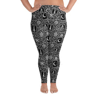 Death’s Fortune plus size tarot horror leggings featuring The Moon, The Devil, Death and The Hanged Man in an ornate black-and-white mystical pattern.
