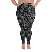 Second Sight plus size psychic eye leggings featuring electric-blue eyes, black-and-white mystical ornamentation and an all-over occult-inspired pattern.