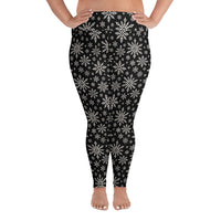 Dead of Winter plus size gothic Christmas leggings featuring black and ivory faux-knit snowflakes in a dark winter holiday pattern.