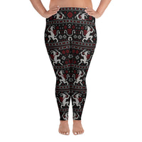 Krampusnacht plus size horror Christmas leggings featuring white Krampus figures, red snowflakes and a black faux-knit holiday pattern.