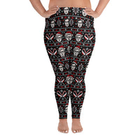 Slay Bells plus size serial killer horror Christmas leggings featuring sinister portrait motifs, crossed knives, candy canes and red faux-knit holiday details.