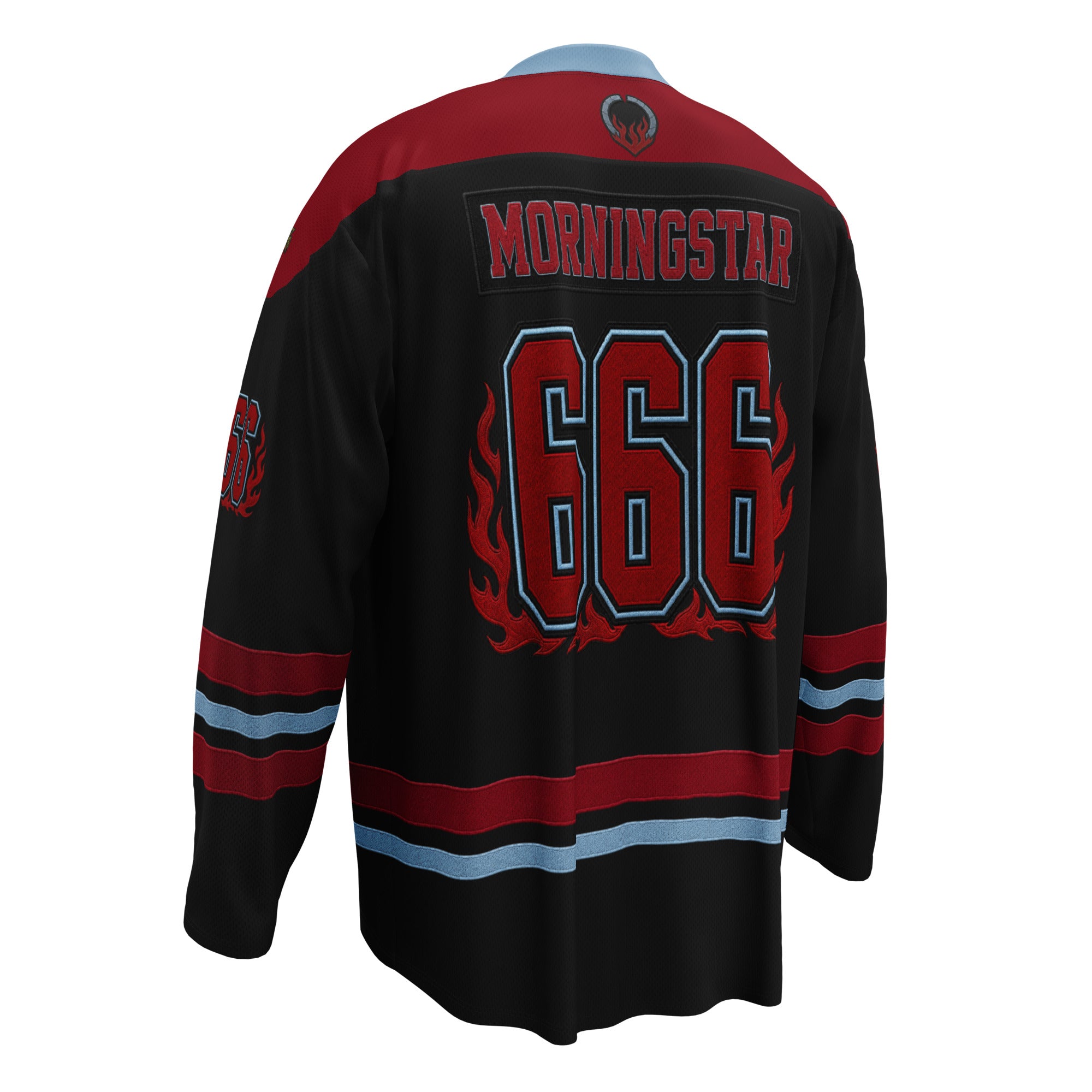 Fallen Angels: Halo's End hockey jersey with MORNINGSTAR nameplate, flaming 666 numbers, and occult-inspired artwork.