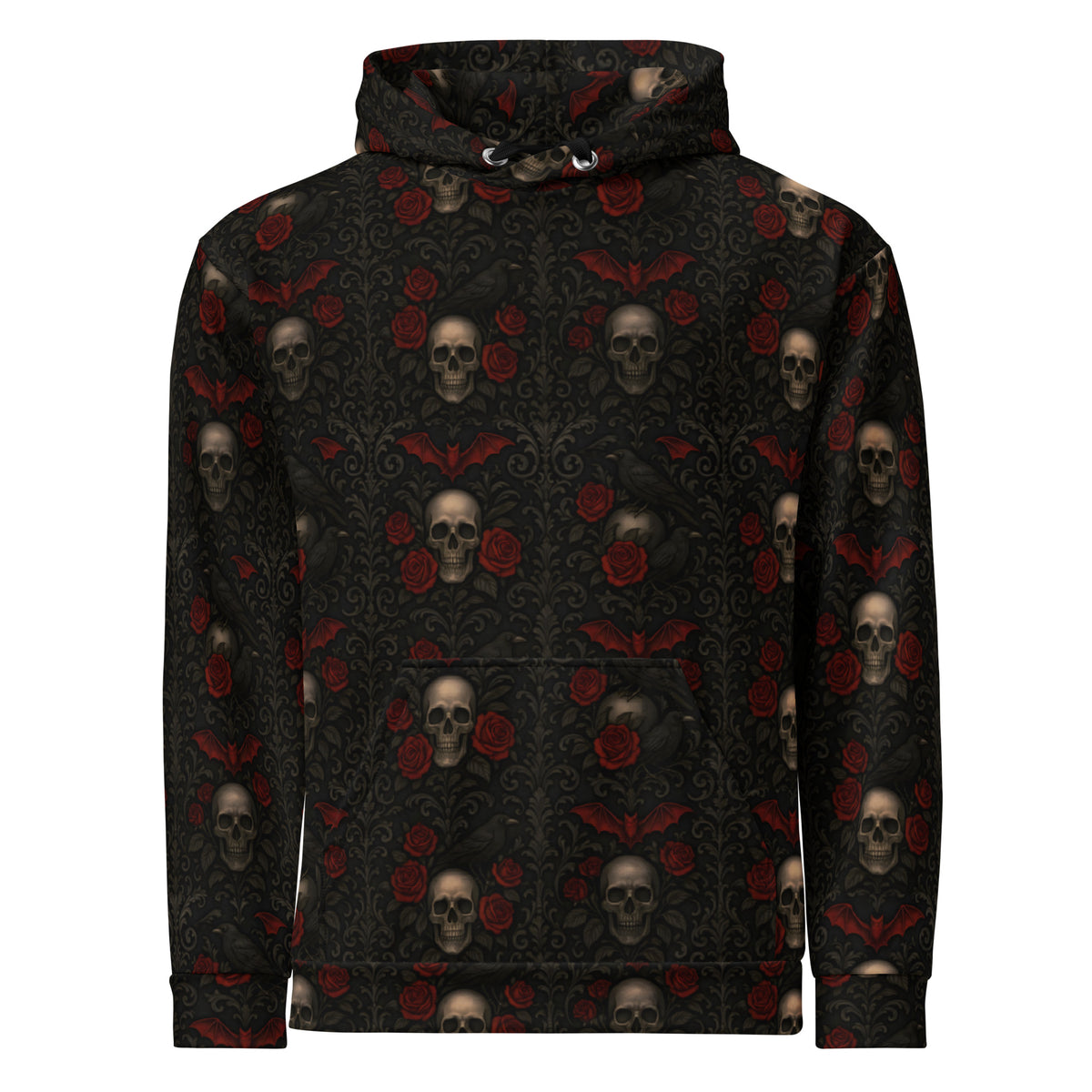 Crimson Mourning hoodie featuring an all-over Victorian-inspired crimson rose pattern from the Funeral Garden Collection with a fully printed hood.