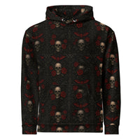 Crimson Mourning hoodie featuring an all-over Victorian-inspired crimson rose pattern from the Funeral Garden Collection with a fully printed hood.