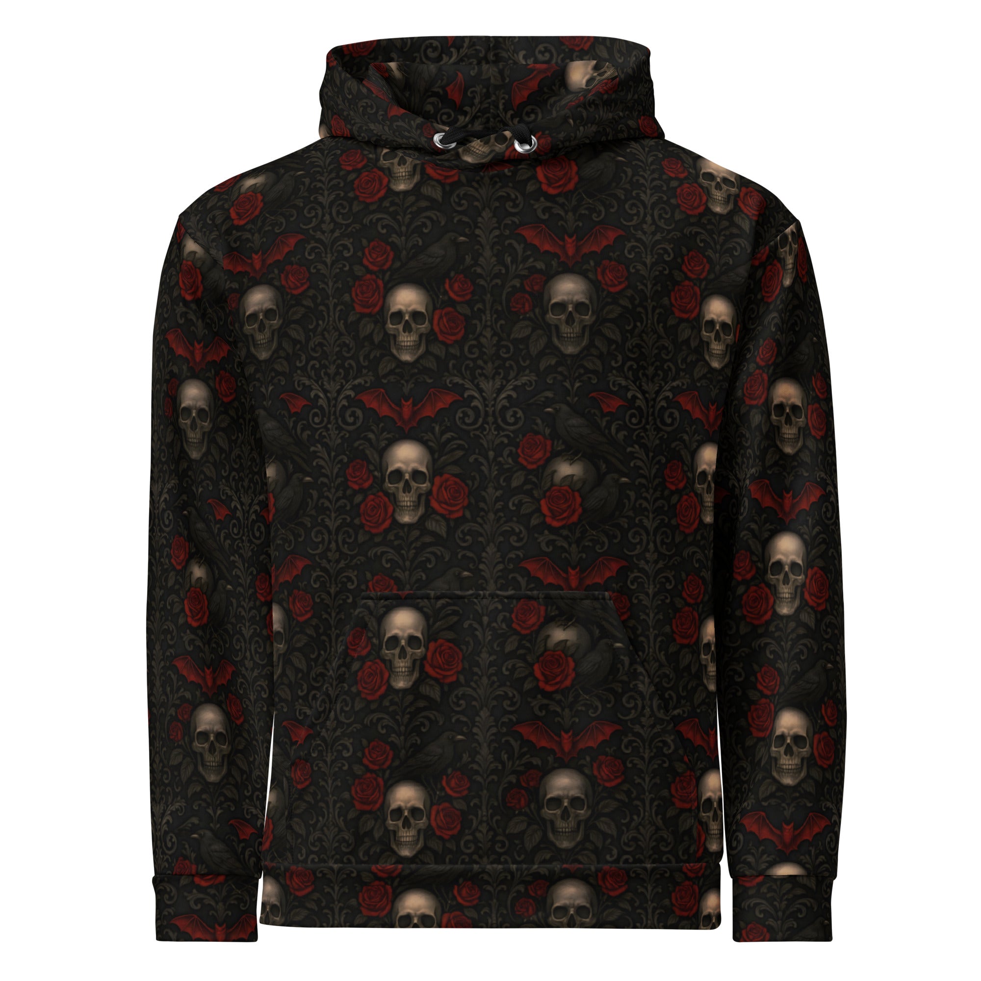 Crimson Mourning hoodie featuring an all-over Victorian-inspired crimson rose pattern from the Funeral Garden Collection with a fully printed hood.