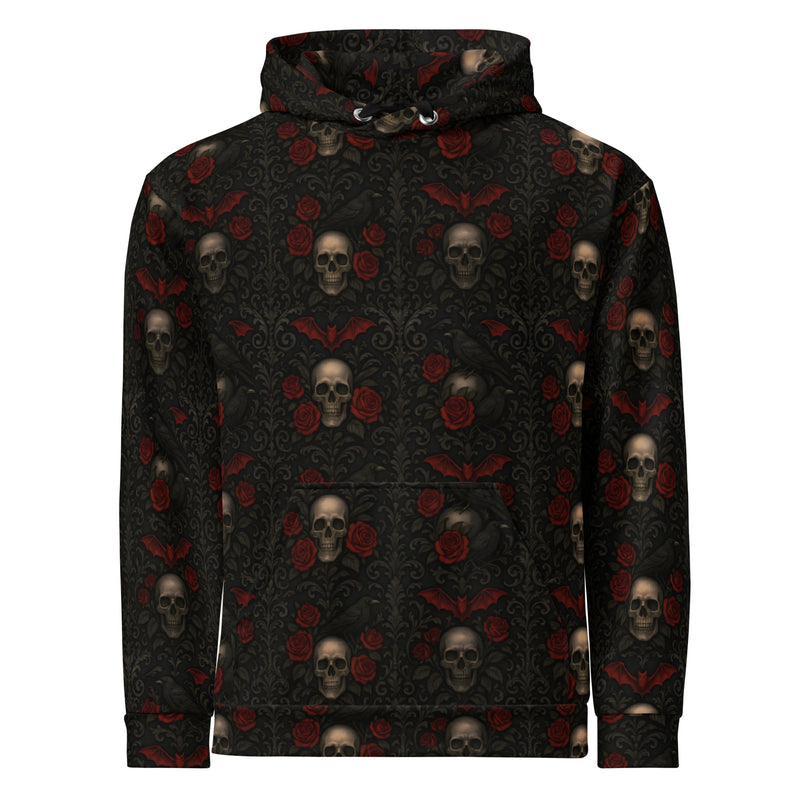 Crimson Mourning hoodie featuring an all-over Victorian-inspired crimson rose pattern from the Funeral Garden Collection with a fully printed hood.