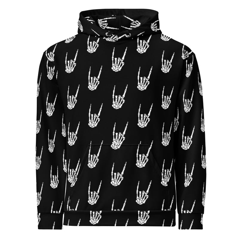 Raise the Devil hoodie featuring an all-over skeleton hand horns pattern from the Memento Mori Collection with a fully printed hood.