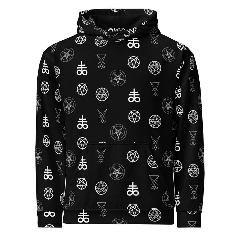 Infernal Sigils hoodie featuring an all-over occult symbol pattern inspired by ceremonial magic and medieval grimoires with a fully printed hood.