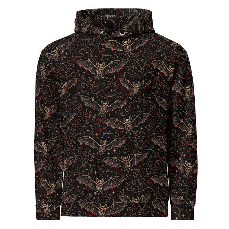Nocturnal Requiem hoodie featuring an all-over skeletal vampire bat pattern inspired by Victorian natural history and gothic folklore.
